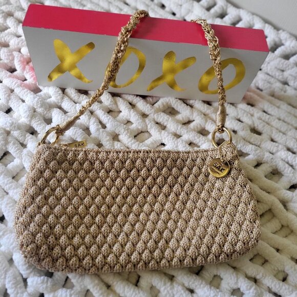 The Sak Original Gold Metallic Woven Crochet Shoulder Bag Chain Strap & Zipper - Picture 5 of 9